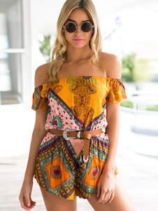 Charmant coton plissé jaune Fashion barboteuse pour dames