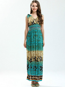 V-cou plissé robe Maxi sans manches femme