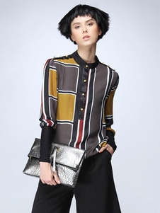 Chemisier élégant Stand kaki col boutons en mousseline de soie féminine