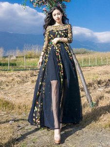 Bijou de cou longueur 3/4 manches Maxi robe brodée pour femme