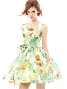 Bijou de cou sans manche plissé robe évasée imprimée