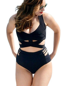 Découper noir Spandex cou sangles Croix avant deux pièces maillot de bain pour femmes