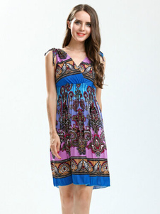 Spandex sans manches imprimé robe Maxi de Drawstring femme