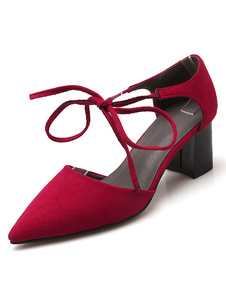 Rouge a souligné Toe lacer Micro Suede Mid-Low haut talons pour femme