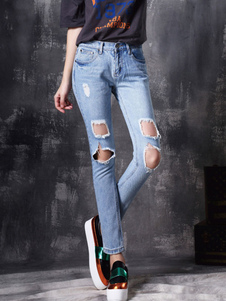Denim déchiré Jeans Jeans Skinny bleu poches féminines en détresse