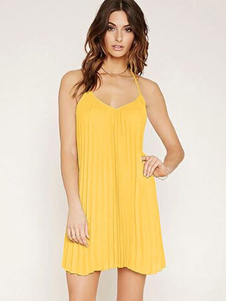 Maj jaune robe Strap Halter Backless robe en mousseline de soie plissée