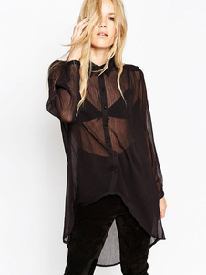 Blouse Polyester Noir Top semi Sheer Mesh pour femmes