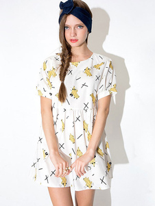 Maj blanc robe rayures Cartoon Print Dress Polyester
