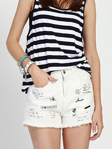 Denim Shorts blanc impression effilochée Slim Fit pour femmes