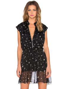 Imprimer la courte robe noire profonde-V semi Sheer Summer