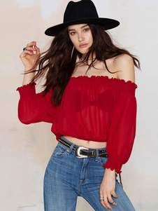 Off-The-Shoulder Blouse rouge récolte Blouse Polyester pour les femmes