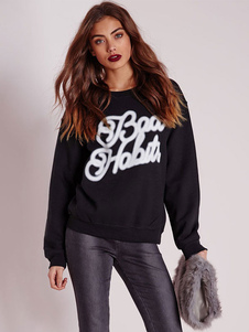 Imprimer des lettres Sweatshirt noir Polyester Slim Sweatshirt Fit pour femmes