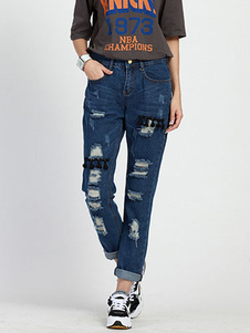 Denim déchiré Jeans en détresse marine poches Skinny Jeans pour femmes