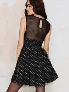 Flare noir robe maille Polka Dot Slim Fit robe d’été Polyester