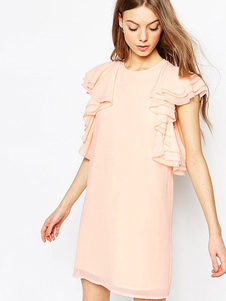 Rose robe volants Polyester robe pour femmes