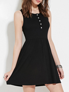 Flare noir robe boutons Slim Fit Polyester Mini robe