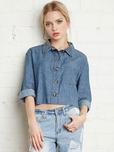Bleu Denim Blouse Crop surdimensionnés Blouse Polyester pour les femmes