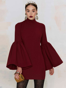 Bourgogne robe courte évasé manches dos nu robe Polyester