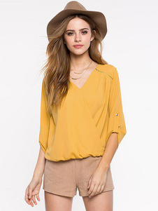 Deep-V haut ruché jaune surdimensionné Blouse Polyester pour les femmes