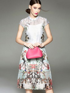 Genou-longueur d’impression multicolore coton lin été robe