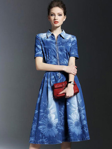 Flare Bleu Denim imprimé Floral robe