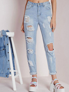 Jean déchiré femme lumière bleu Zipper en détresse lâche Denim Pants
