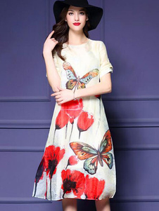 Maj impression floral robe blanc divisé coton robe lin