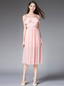 Rose thé longueur robe de mousseline de soie robe plissée