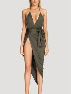 Halter bretelles robe Hunter Green Split Sash Party Dress