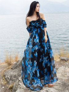 Off-The-Shoulder Maxi robe robe en mousseline de soie imprimée bleu