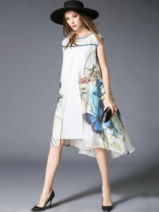 Blanc Shift robe Chic Print coton robe lin