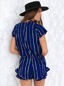 Bandes bleues barboteuse profonde-V barboteuse en mousseline de soie pour les femmes