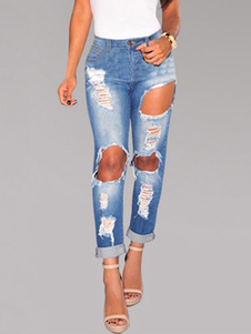 Bleu déchiré Jeans Denim cassé en détresse Jeans pour femmes