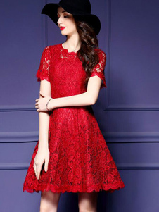 Robe de dentelle rouge robe Vintage Style féminin Semi pure Skater