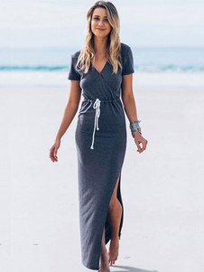 Split Maxi robe coton forme Slim gris Bodycon Dress