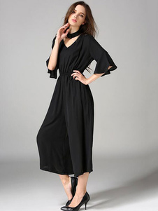 Jambe large noire Jumpsuit en mousseline de soie mince Jumpsuit Fit pour femmes