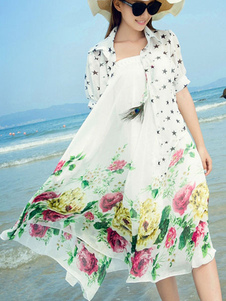 Sans bretelles Maxi robe robe de mousseline de soie imprimée Floral blanc