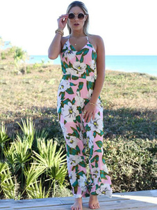 Jumpsuit imprimé floral Halter Backless combinaison en mousseline de soie pour les femmes