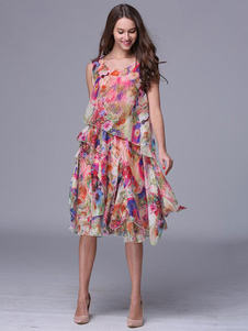 Multicolor robe Chic Floral imprimé en mousseline de soie robe