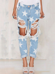Un jean déchiré les étoiles imprimées pantalons en Denim bleu clair en détresse