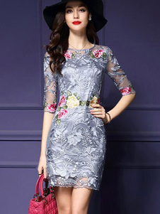 Bodycon impression floral robe de dentelle brodée multicolore