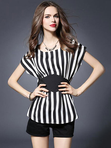 Blouse bicolore Sash Stripes Bow Blouse en mousseline de soie pour les femmes