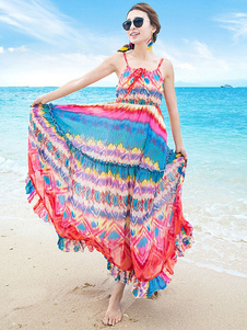 Bretelles robe de mousseline de soie imprimé multicolore robe Maxi