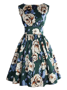 Impression évasée robe de coton multicolore Rose motif