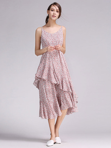 Sangles multicolore, robe de l’été en mousseline de soie imprimée volants dos nu