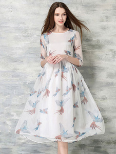 Flare blanc robe imprimée en mousseline de soie robe Vintage