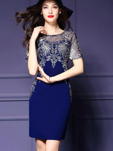 Robe Bodycon bleu impression synthétique robe brodée