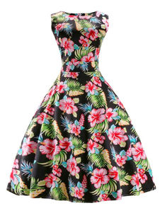 Multicolor Flare Robe florale Spandex Vintage robe imprimée