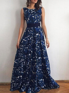 Backless Maxi robe robe en mousseline de soie imprimée bleu