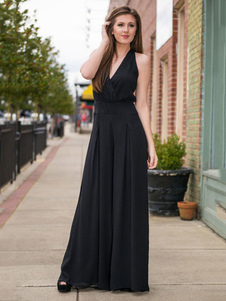 Combinaison noire dos nu jambes larges Jumpsuit en mousseline de soie pour les femmes